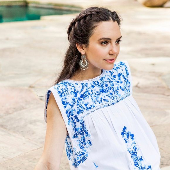 Mi Golondrina Blue & White Cielo Mexicano Flores Blouse - Size Small - Picture 9 of 12